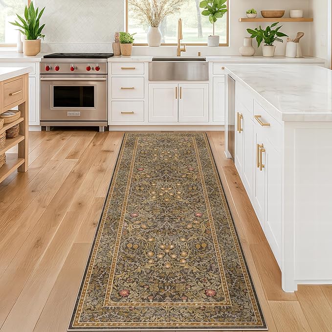 Brown 2'6" x 10' Hallway Runner Rug Non Slip - Washable Kitchen Rug Stain Resistant, 10ft Extra Long Thin Entryway Indoor Mats, Soft Boho Vintage Gold Brown Floral Indoor Carpet Runner Décor Low Pile