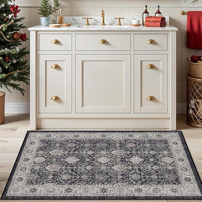 Washable 3x4 Entryway Area Rugs: Ultra Soft Low Pile Carpet for Kitchen Nursery Indoor Light-Weight Doormat Anti-Slip Thin Entry Rug for Living Room Bedroom Small Vintage Floor Mat(3x4,Black)