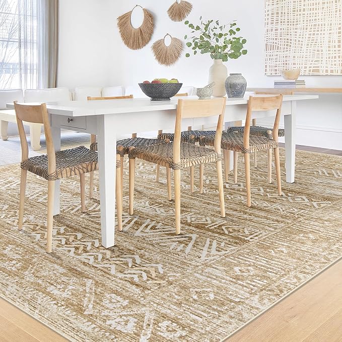 6x9 Area Rugs for Living Room: Washable Moroccan Geometric Boho Rug Farmhouse Non Slip Stain Resistant Large Rug Low Pile Soft Carpet for Bedroom Dining Room Home Office Kids Room (Light Brown,6'x9')