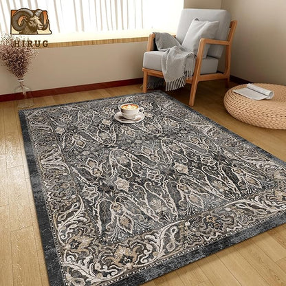 Washable Area Rug 4' x 6' Vintage Traditional Persian Mat - Foldable Distressed Non-Slip Machine Washable Carpet for Living Room Bedroom Kitchen Home Decor - Ebony and Taupe