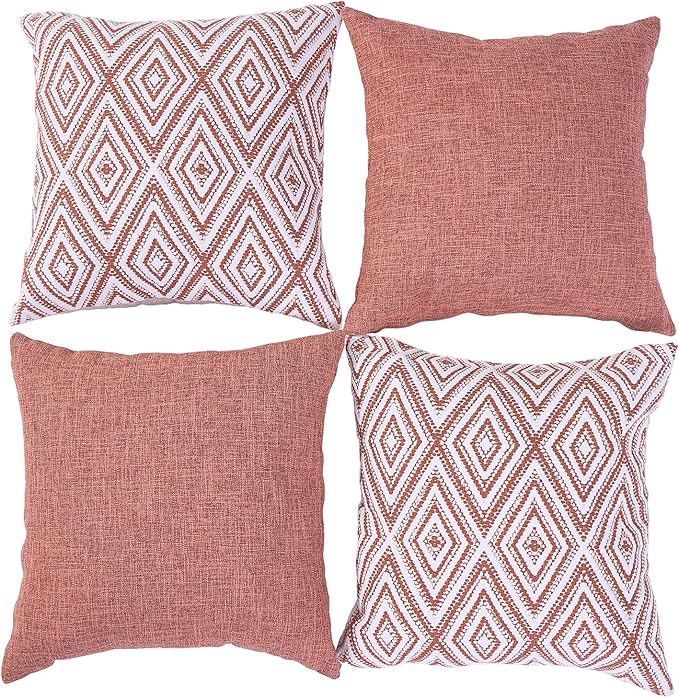 HPUK Decorative Throw Pillow Covers Set of 4 Geometric Design Linen Cushion Cover for Couch Sofa Living Room, 20"x20" inches, Coral