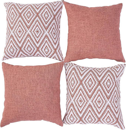 HPUK Decorative Throw Pillow Covers Set of 4 Geometric Design Linen Cushion Cover for Couch Sofa Living Room, 20"x20" inches, Coral