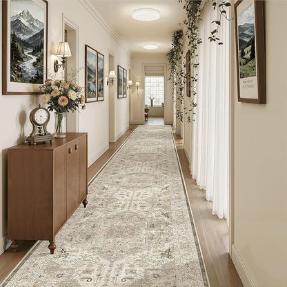 Madane 3x20 Hallway Runner Rug - Extra Long Carpet Runners for Hallways 20ft Non Slip Stain Resistant Rugs Runner for Living Room Bedroom 20 Feet Distressed Floor Carpet for Kitchen, Ivory/Brown