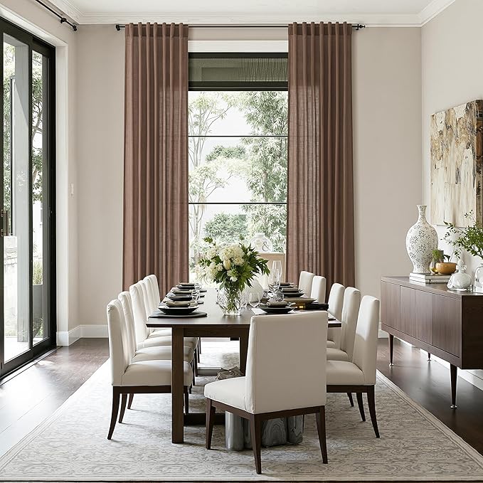 Caramel Brown Linen Curtains for Living Room 98 Inches Long Back Tab and Rod Pocket Light Filtering Semi Sheer Vintage Rustic Curtain Luxury Boho Decor Drapes for Bedroom Office 52x98, 2 Panels