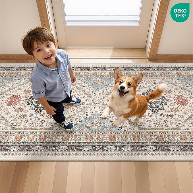 Runner Rug 2x8 Runners for Hallways Non Slip Washable, Vintage Hallway Runner Rugs for Living Room, Low Pile Soft Hallway Rug for Kitchen Bedroom Laundry Room Rug(Blue/Red/Multi,2'x8')