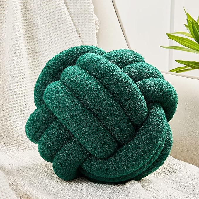 Uvvyui Knot Pillow Ball, Soft Home Decorative Pillows, Round Throw Pillow, Handmade Knotted Plush Pillow, Round Boucle Pillow Cushion (8.6 Inches Dark Green)