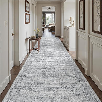 3x14 Washable Runner Rug for Hallway, Non-Slip Long Hallway Runner for Entryway, Soft Vintage Kitchen Mats for Floor, Abstract Dining Room, Bedroom, Living Room Rugs(3'x14', Grey/Ivory)