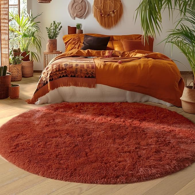 Amdrebio Terracotta Rust Circle Round Rug 4Ft for Bedroom Living Room Aesthetic, Fluffy Fuzzy Thick Shag Area Rugs for Kids Room Decor, Small Plush Furry Shaggy Carpet for Nursery Dorm Classroom