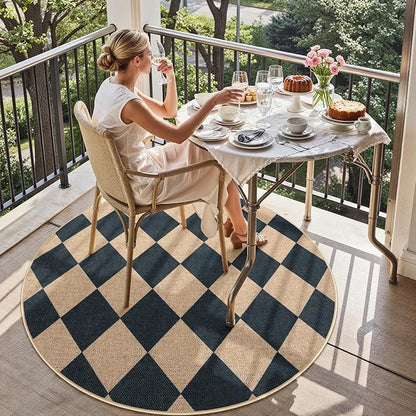 Lahome Colette Checkered Round Entryway Rug 4ft, Circle Indoor Outdoor Patio Rug Washable Farmhouse Easy Jute Kitchen Rugs, Contemporary Non Slip Round Carpet for Bedroom Front Porch