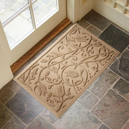 Boho Beige Floral Leaves Outdoor Indoor Entrance Doormats, Absorbent Durable Heavy Duty Welcome Front Door Mat,Thick Natural Rubber Back,Easy Clean Entryway Mat 17x30 Inch, Low Profile