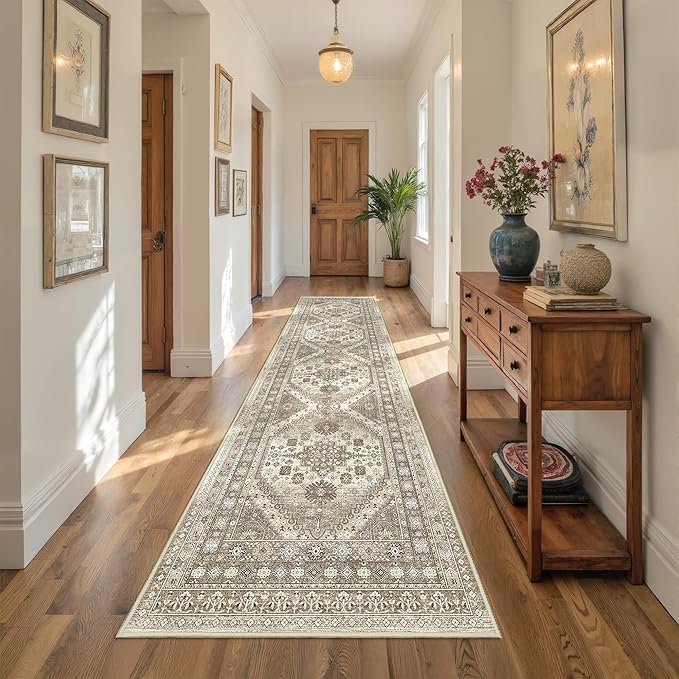 Runner Rug 2x10, Ultra-Thin Kitchen Rugs Non Slip Washable Rugs for Entryway Rug, Kitchen Runner Low Pile Vintage Soft Carpets for Living Room, Bathroom Bedroom (Brown,2'x10')