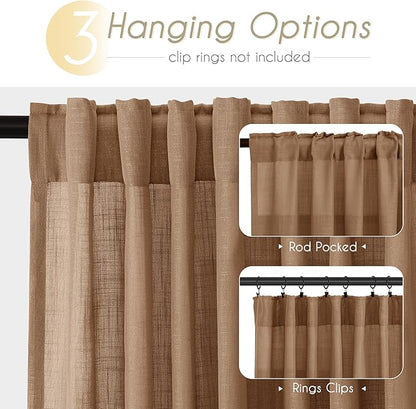 Brown Curtains for Living Room Back Tab Modern Farmhouse Semi Sheer Curtains 84 inches Long 2 Panels Set Muted Neutral Window Curtain for Dining Room Bedroom 52x84