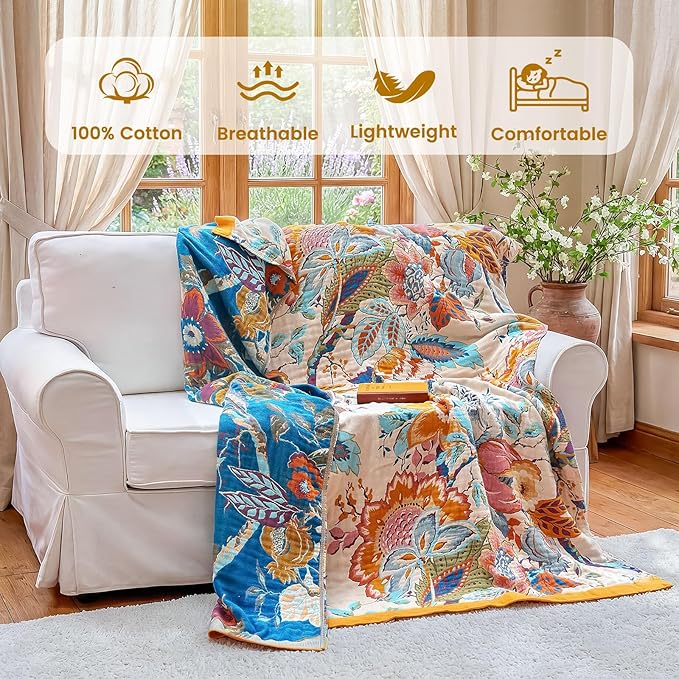 MSGKV Boho Throw Blanket 90"x108" Floral Cotton Blanket for Bed Spring Breathable Lightweight Farmhouse King Blankets Home Decor Muslin All Seasons