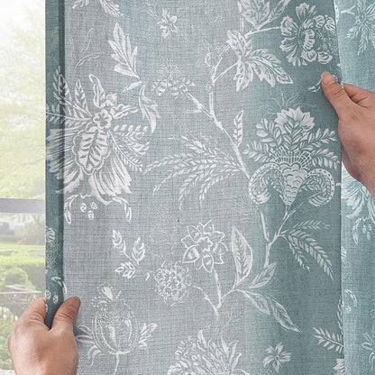 jinchan Linen Floral Curtains for Living Room, 96 Inch Length Curtains with Printed Flower Light Filtering Curtain, Rod Pocket Back Tab Blue Window Treatment Set Bedroom Curtain, 2 Panels Blue