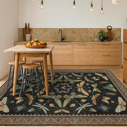 Dark 6x8 Insect Area Rug for Living Room - Vintage Washable Rugs for Dining Room Under Table, Low Pile & Soft Boho Bedroom Decor, Butterfly Non Slip Foldable Carpet