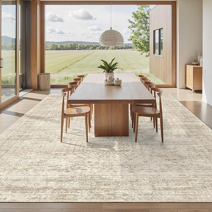 12x15 Washable Area Rug Beige Neutral Abstract Living Room Large Carpet Non Slip Bedroom Indoor Office Dining Room Low Pile Thin Rug