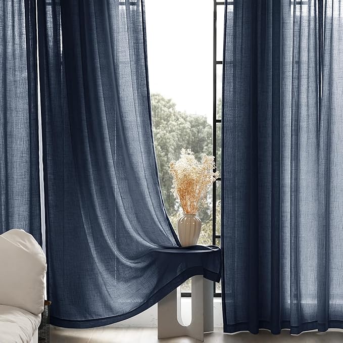 Navy Blue Curtains 102 inch Length for Bedroom Back Tab Light Filtering Semi Sheer Blue Living Room Curtains Linen Cotton Textured Indigo Blue Drapery Panel Modern Farmhouse Aesthetic Decor Dark Blue