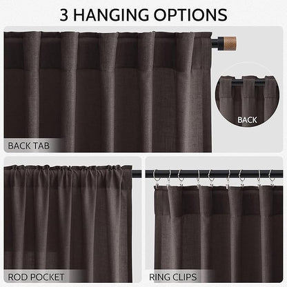 Extra Long Curtain Cocoa Coffee Morden Linen Blend Light Filtering Back Tab Curtains for Long Winodws 120 Inches Length, Semi Sheer Privacy Drapes for Living Room, 52x120 inch, 2 Panels