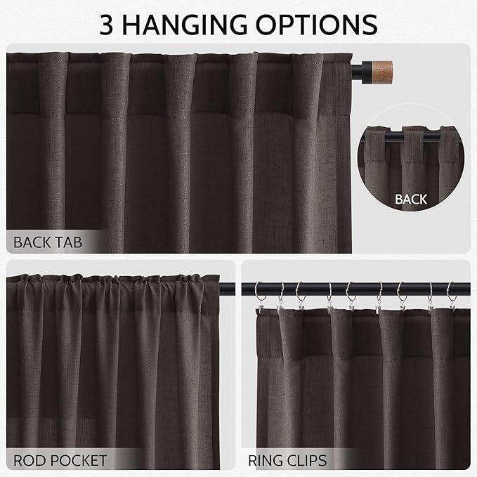 Cocoa Coffee Linen Curtains 72 Inch Long for Living Room Bedroom Lightweight Door Drapes 2 Panels Set, Semi Sheer Light Filtering Back Tab or Rod Pocket Curtain,52x72