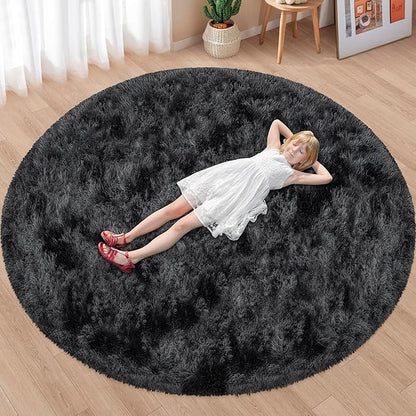 7x7 ft Tie Dye Black Round Rug for Bedroom Room Fluffy Circle Rug Furry Carpet Shaggy Circular Fuzzy Washable Non-Slip Large Area Rug Soft Indoor for Living Room Cute Aesthetic Home Decor