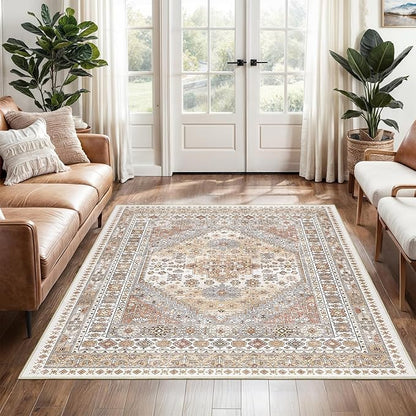 3x5 Washable Area Rug for Entryway, Kitchen Rugs Non Slip for Dining Room, Vintage Floral Soft Living Room Rug, Thin Area Rug Indoor for Bedroom, Kids Room Decor(Orange,3'x5')