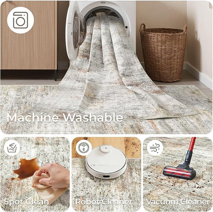 Kitchen Runner Rugs Non Skid Washable - 2.5 x 10 Runner Rug with Anti Slip Backing, Ultra-Thin Soft Rug Runner for Hallway, Bedroom, Living Room (2.5'x10', Grey/Rust)