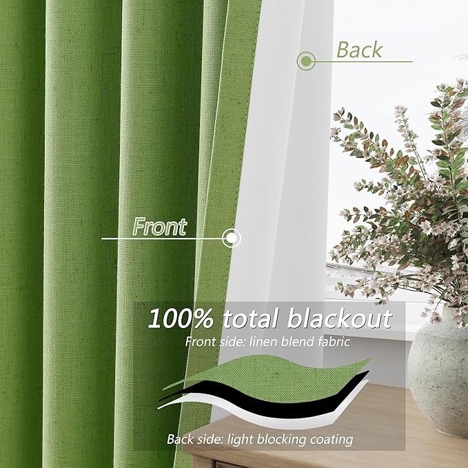 Guken 100% Blackout Curtains 120 Inch Length 2 Panels Set for Living Room Bedroom Back Tab Thermal Insulated Black Out Linen Drapes Room Darkening Lime Green,52x120