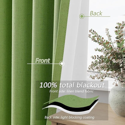 Guken 100% Blackout Curtains 102 Inch Length 2 Panels Set for Living Room Bedroom Back Tab Thermal Insulated Black Out Linen Drapes Room Darkening Lime Green,52x102