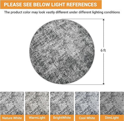 Round Rug 6ft Circle Rug Washable: Carpet Small Circular Area Rug for Entryway Kitchen Bedroom Dining Room Living Room 6 Feet Abstract College Dorm Non Slip Low Pile Black Grey