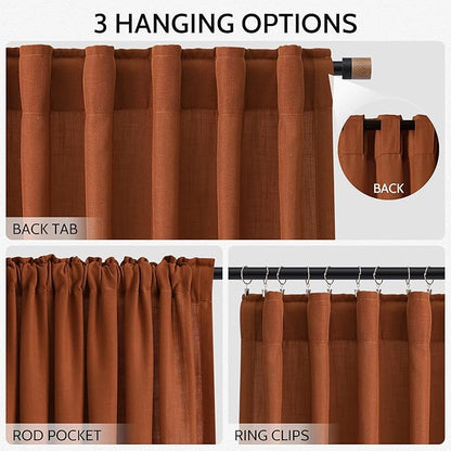 Nanspring Rust Linen Curtains 102 Inches Long for Living Room Light Filtering Semi Sheer Curtain Back Tab and Rod Pocket Vintage Rustic Luxury Home Decor Drapes for Bedroom Office 52x102, 2 Panels