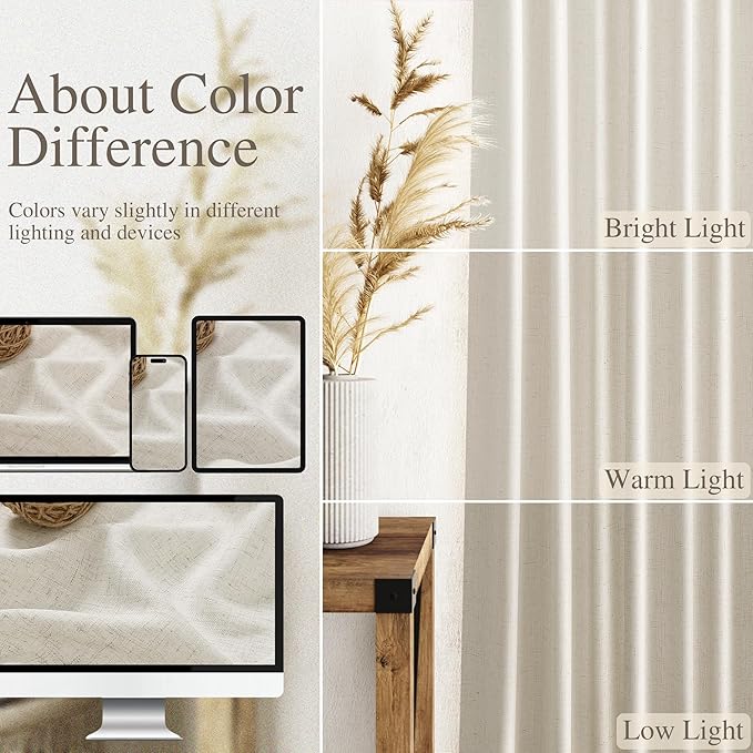 Nanspring Mousse White Curtains 90 Inches Long for Living Room Linen Light Filtering Semi Sheer Curtain Back Tab Rod Pocket Simple Modern Elegant Coastal Decor Drapes for Bedroom 52x90, 2 Panels