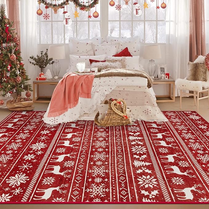 Christmas Rug 6x9 Washable Rugs, Boho Christmas Tree Snowflake Rug Non-Slip Soft Low Pile Non Shedding Indoor Holiday Carpet for Living Room Bedroom Dining Room Home Office (XmasRed, 6'x9')