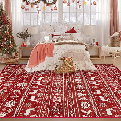Christmas Rug 6x9 Washable Rugs, Boho Christmas Tree Snowflake Rug Non-Slip Soft Low Pile Non Shedding Indoor Holiday Carpet for Living Room Bedroom Dining Room Home Office (XmasRed, 6'x9')