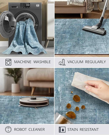 Latte&Fog 5x7 Area Rugs for Living Room Bedroom, Blue Modern Abstract Neutral Washable Rug, Boho Non Slip Low Pile Carpet for Dining Room, Dorm, Classroom, College Dorm, Farmhouse and Kids Room - Blue