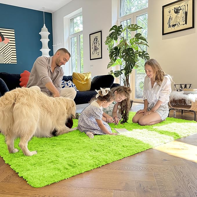 OLANLY 6x9 Machine Washable Large Area Rugs for Living Room, Bedroom, Soft Fluffy Shaggy Bedside Rug, Indoor Floor Carpet for Kids Girls and Boys, Dorms, Nursery, Home Decor Aesthetic, Lime Green