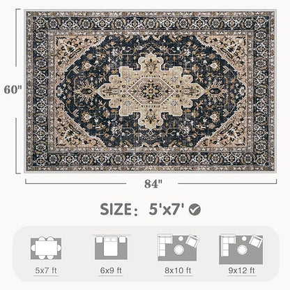 Area Rugs 5x7 Vintage Rug: Washable Living Room Rug Retro Medallion Distressed Large Soft Low Pile Non-Slip Indoor Floor Carpet for Bedroom Kitchen Nursery Dining Table Office (BeigeBlack, 5'x7')