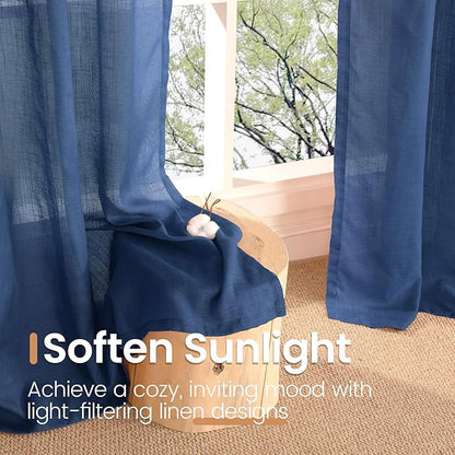 BGment Linen Navy Blue Curtains 90 Inch Length for Living Room, Semi Sheer Window Drapes Lightweight for Dining Room Bedroom Decor Light Filtering with Rod Pocket, 2 Panels Set, Each 52 Inch Wide