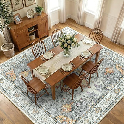 RELEANY Area Rugs Square 10ft Washable Non-Slip, Floral Vintage Distress Print Pattern Medallion Carpet for Living Room Bedroom Dining Room, Light Yellow Carbon Grey Orange