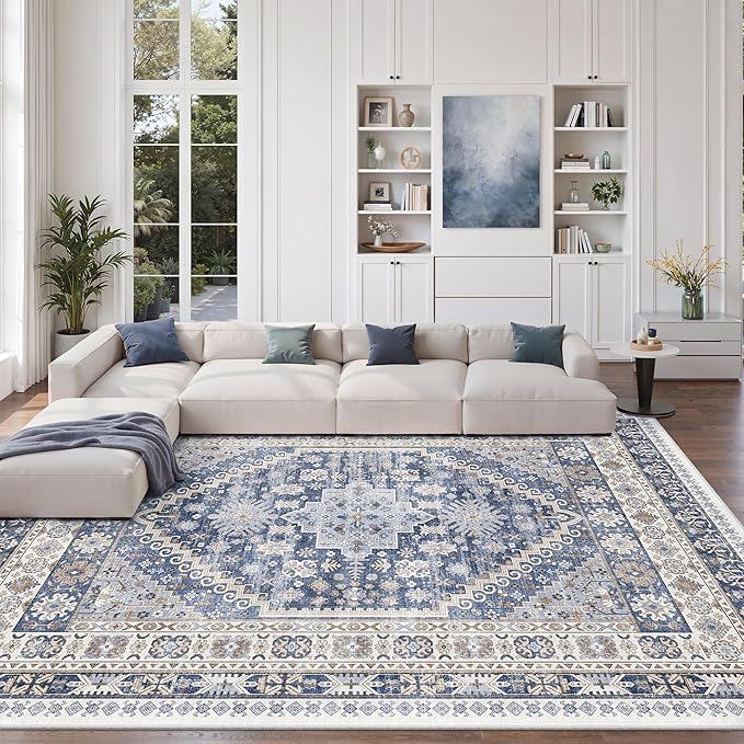 zesthome 8x12 Area Rugs,Stain Resistant Washable Rug,Ultra-Thin Rugs for Living Room,Bedroom,Non-Slip Backing Home Decor Large Area Rug (Blue/Beige,8'x12')
