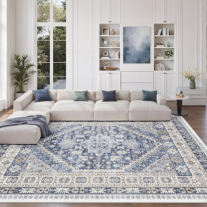 zesthome 8x12 Area Rugs,Stain Resistant Washable Rug,Ultra-Thin Rugs for Living Room,Bedroom,Non-Slip Backing Home Decor Large Area Rug (Blue/Beige,8'x12')