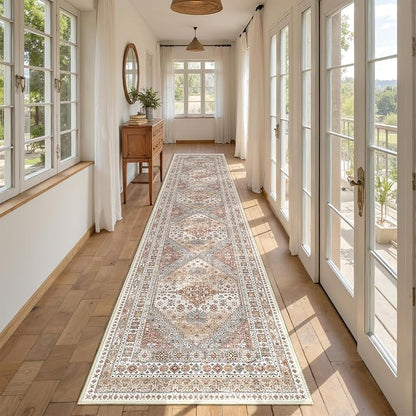 Carpet Runners for Hallway 12ft, Non-Slip Long Bathroom Rugs Runner for Kitchen, Living Room, Bedroom, Soft Vintage Washable Rug for Entryway, Thin Floor Mat for Dining Room(Orange,2.5'x12')