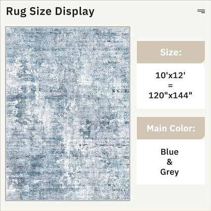 Soalmost Area Rug 10x12 Vintage Washable Living Room Large Carpet Non Slip Bedroom Indoor Office Dining Room Low Pile Thin Rug Blue/Grey