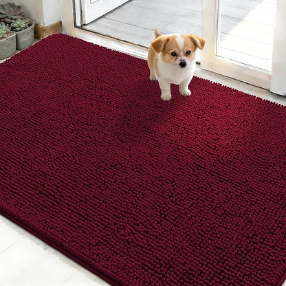 OLANLY Dog Door Mat for Muddy Paws 48x30, Absorbs Moisture and Dirt, Absorbent Non-Slip Washable Doormat, Quick Dry Chenille Mud Mat for Dogs, Entry Indoor Entryway Carpet for Inside Floor, Burgundy