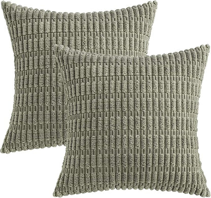 MIULEE Pack of 2 Corduroy Decorative Throw Pillow Covers 16x16 Inch Soft Boho Striped Pillow Covers Modern Farmhouse Home Decor for Summer Sofa Living Room Couch Bed Light Olive Green