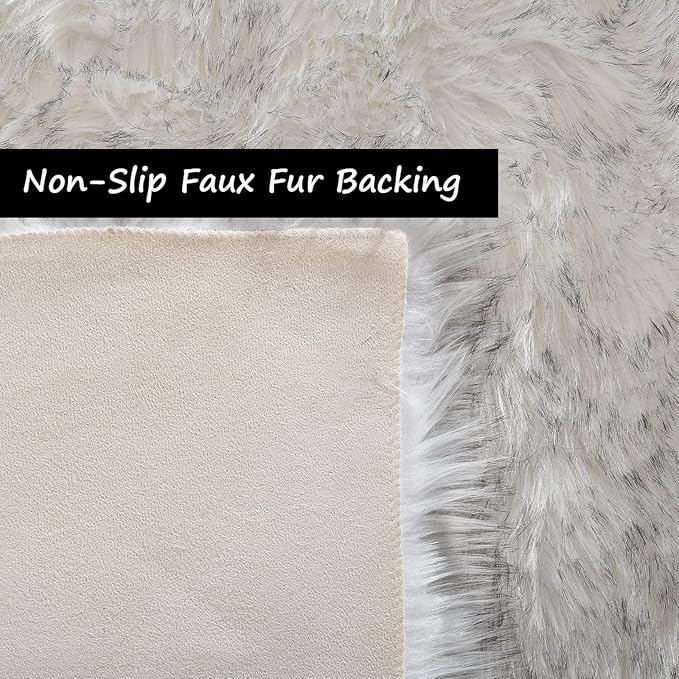 Goolela Fluffy Faux Sheepskin Fur Rug for Bedroom 3x5 White with Grey Tips Fuzzy Furry Bedside Plush Rug for Office Dorm Soft Shaggy Carpet Rectangle