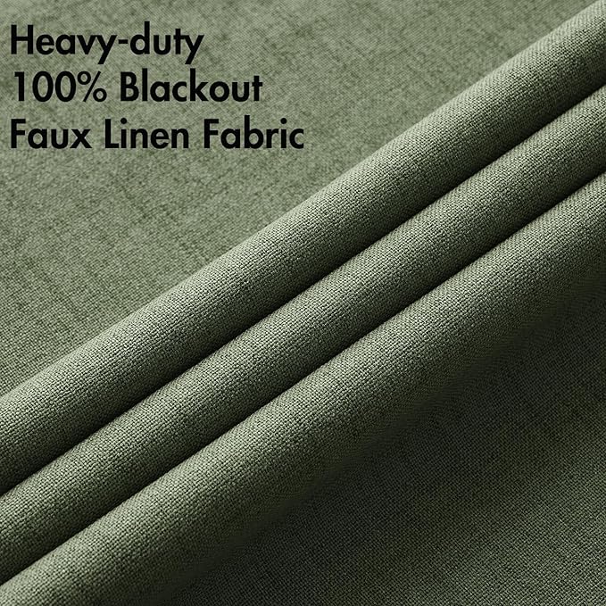 MIULEE 100% Blackout Linen Textured Curtains for Bedroom Solid Thermal Insulated Olive Green Grommet Room Darkening Curtains & Drapes Luxury Decor for Living Room Nursery 52 x 96 Inch (2 Panels)