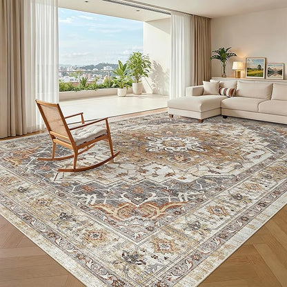 Madane Washable Rug 8x10 Area Rugs for Living Room, Ultra-Thin Non-Slip Backing Rug, Stain Resistant Vintage Large Area Rug for Bedroom (Turmeric/Grey, 8'x10')