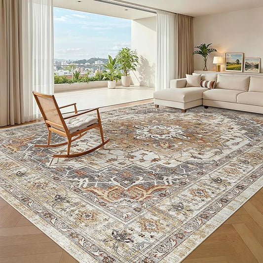 Madane Washable Rug 8x10 Area Rugs for Living Room, Ultra-Thin Non-Slip Backing Rug, Stain Resistant Vintage Large Area Rug for Bedroom (Turmeric/Grey, 8'x10')
