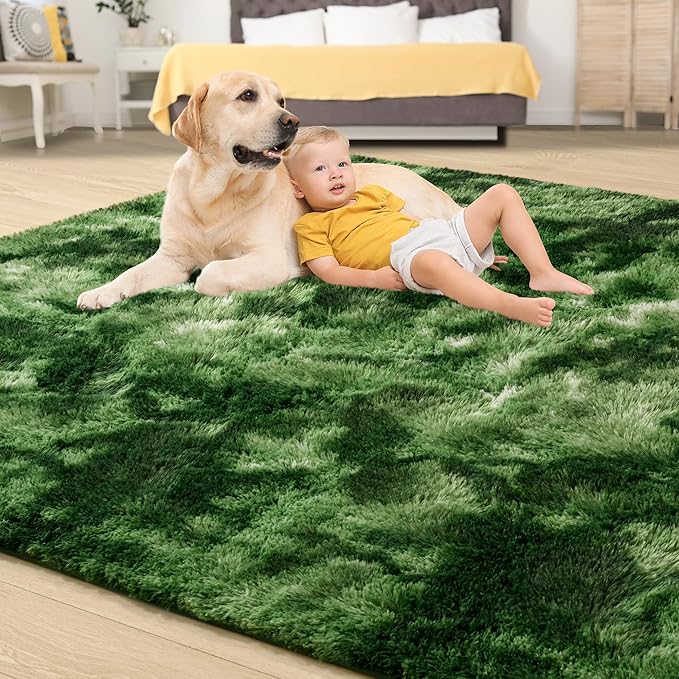 Tepook Soft Fluffy Rugs for Bedroom, 4x6 Area Rug for Living Room, Modern Shaggy Room Rug for Kids Boys Girls, Plush Throw Rugs Indoor Nursery Home Decor Rug with Non-Slip Bottom, Tie-Dyed Dark Green