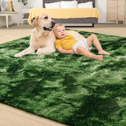 Tepook Soft Fluffy Rugs for Living Room, 5x8 Shaggy Area Rug for Bedroom, Modern Shag Rug Fuzzy Carpets for Kids, Plush Indoor Nursery Home Decor Rug with Non-Slip Bottom, Tie-Dyed Dark Green
